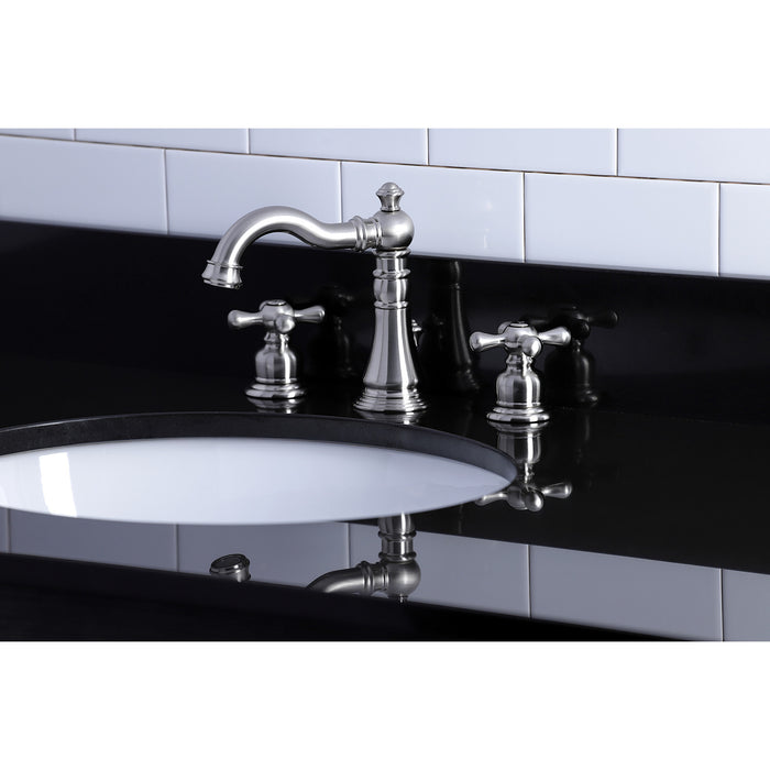 Kingston Heirloom FSC1978AX - American Classic Two-Handle 3-Hole Deck Mount Widespread Bathroom Faucet with Pop-Up Drain, Brushed Nickel