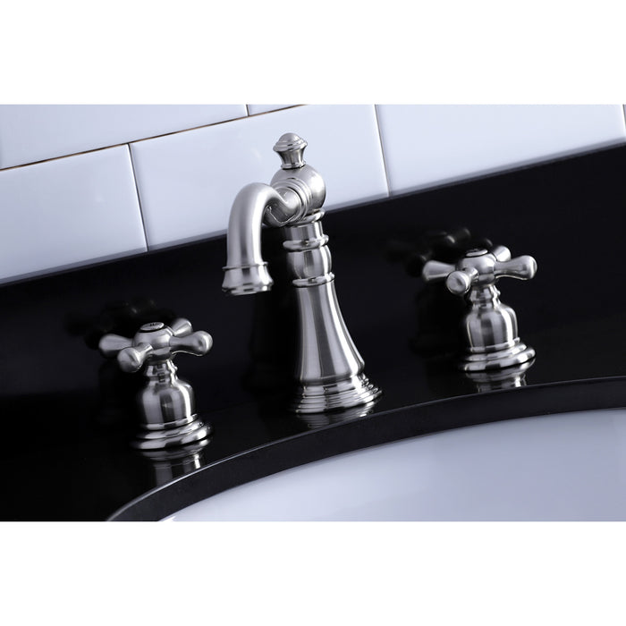 Kingston Heirloom FSC1978AX - American Classic Two-Handle 3-Hole Deck Mount Widespread Bathroom Faucet with Pop-Up Drain, Brushed Nickel