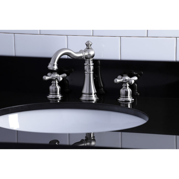 Kingston Heirloom FSC1978AX - American Classic Two-Handle 3-Hole Deck Mount Widespread Bathroom Faucet with Pop-Up Drain, Brushed Nickel
