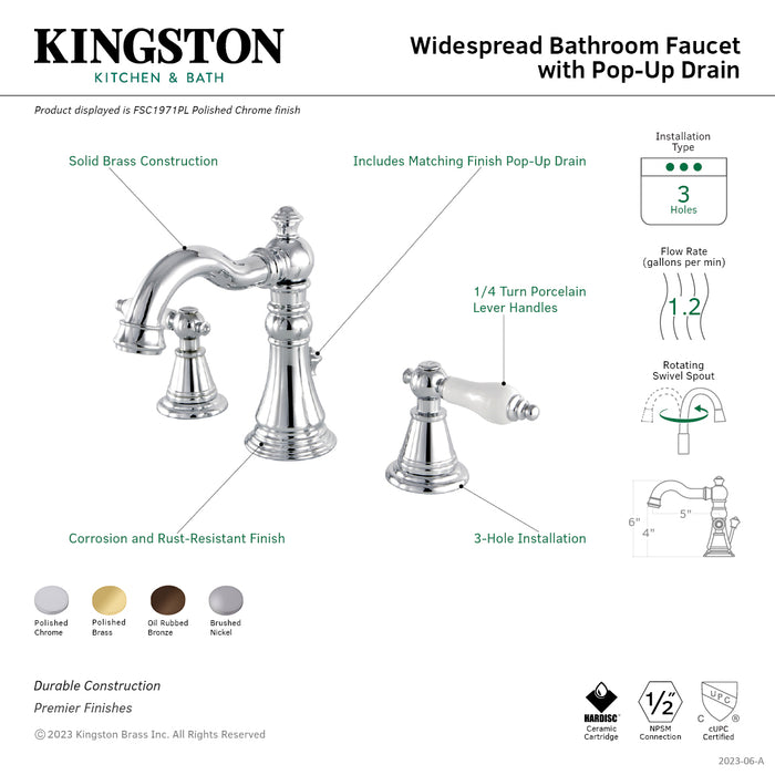Kingston Heirloom FSC1978PL - English Classic Two-Handle 3-Hole Deck Mount Widespread Bathroom Faucet with Pop-Up Drain, Brushed Nickel
