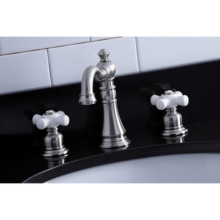 Kingston Heirloom FSC1978PX - American Classic Two-Handle 3-Hole Deck Mount Widespread Bathroom Faucet with Pop-Up Drain, Brushed Nickel