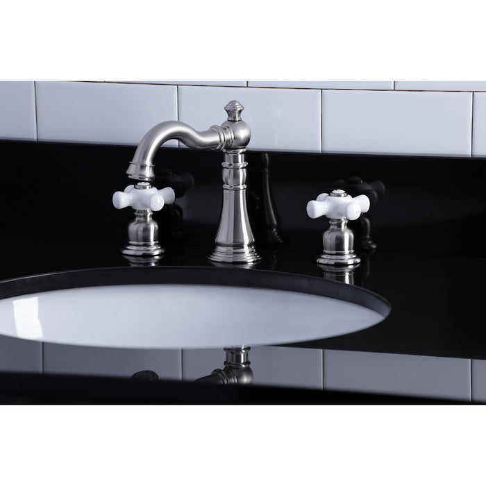 Kingston Heirloom FSC1978PX - American Classic Two-Handle 3-Hole Deck Mount Widespread Bathroom Faucet with Pop-Up Drain, Brushed Nickel