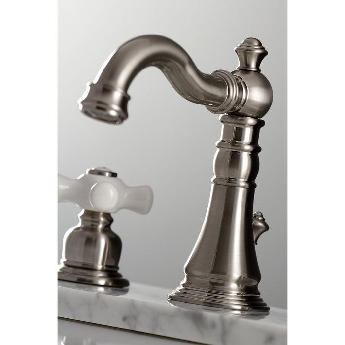 Kingston Heirloom FSC1978PX - American Classic Two-Handle 3-Hole Deck Mount Widespread Bathroom Faucet with Pop-Up Drain, Brushed Nickel