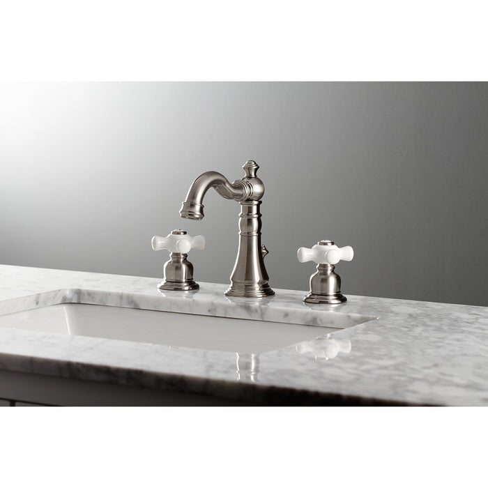 Kingston Heirloom FSC1978PX - American Classic Two-Handle 3-Hole Deck Mount Widespread Bathroom Faucet with Pop-Up Drain, Brushed Nickel
