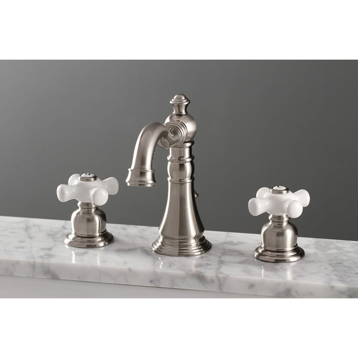 Kingston Heirloom FSC1978PX - American Classic Two-Handle 3-Hole Deck Mount Widespread Bathroom Faucet with Pop-Up Drain, Brushed Nickel