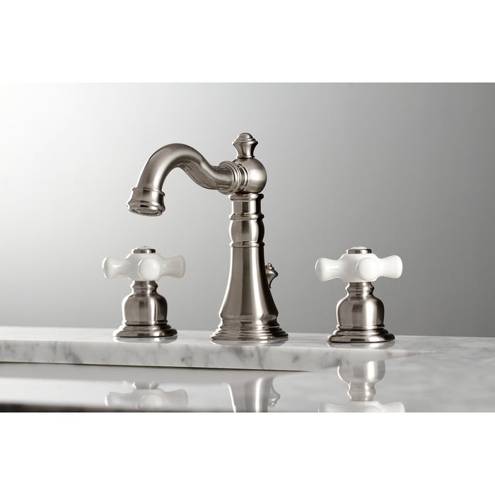 Kingston Heirloom FSC1978PX - American Classic Two-Handle 3-Hole Deck Mount Widespread Bathroom Faucet with Pop-Up Drain, Brushed Nickel