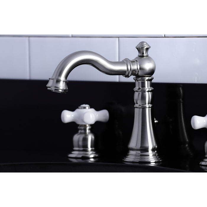 Kingston Heirloom FSC1978PX - American Classic Two-Handle 3-Hole Deck Mount Widespread Bathroom Faucet with Pop-Up Drain, Brushed Nickel