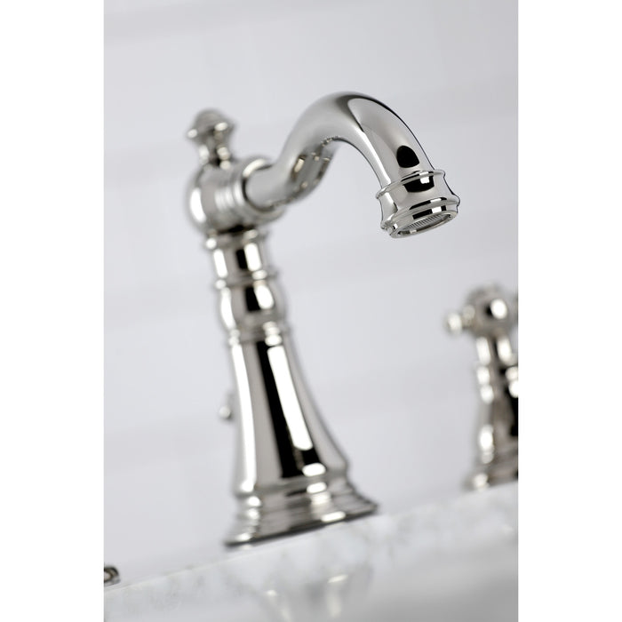 Kingston Heirloom FSC1979AKL - Duchess Two-Handle 3-Hole Deck Mount Widespread Bathroom Faucet with Brass Pop-Up, Polished Nickel