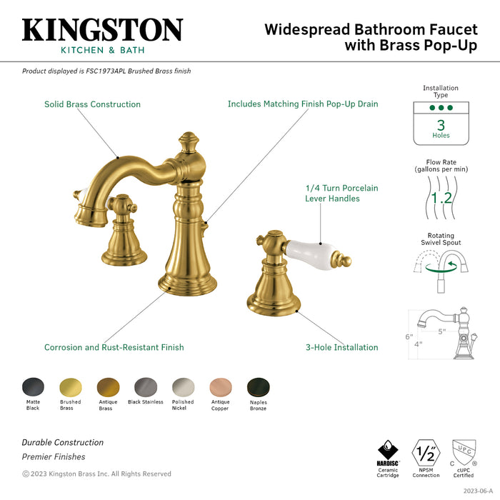 Kingston Heirloom FSC1979APL - American Patriot Two-Handle 3-Hole Deck Mount Widespread Bathroom Faucet with Brass Pop-Up, Polished Nickel
