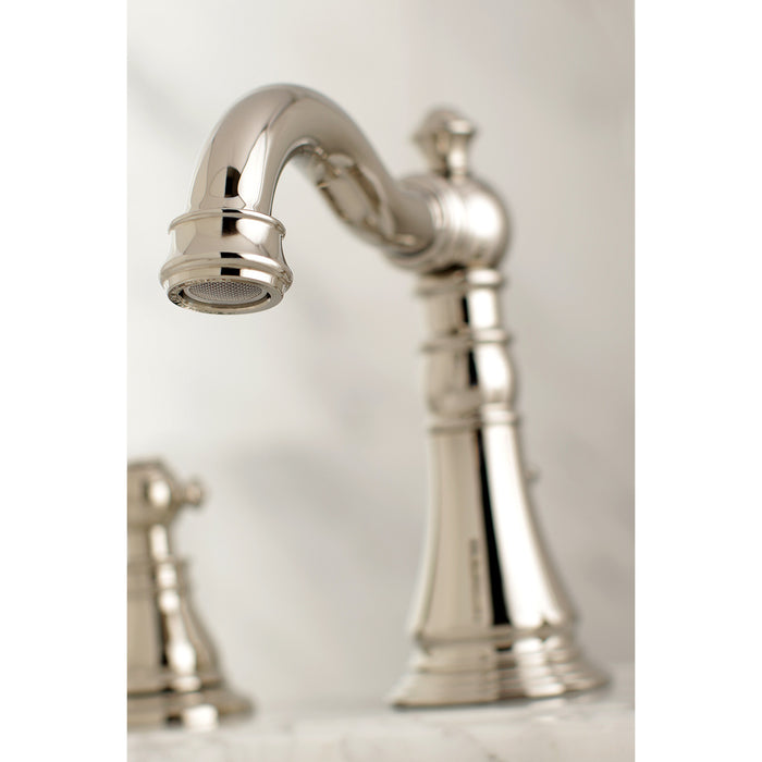 Kingston Heirloom FSC1979APL - American Patriot Two-Handle 3-Hole Deck Mount Widespread Bathroom Faucet with Brass Pop-Up, Polished Nickel