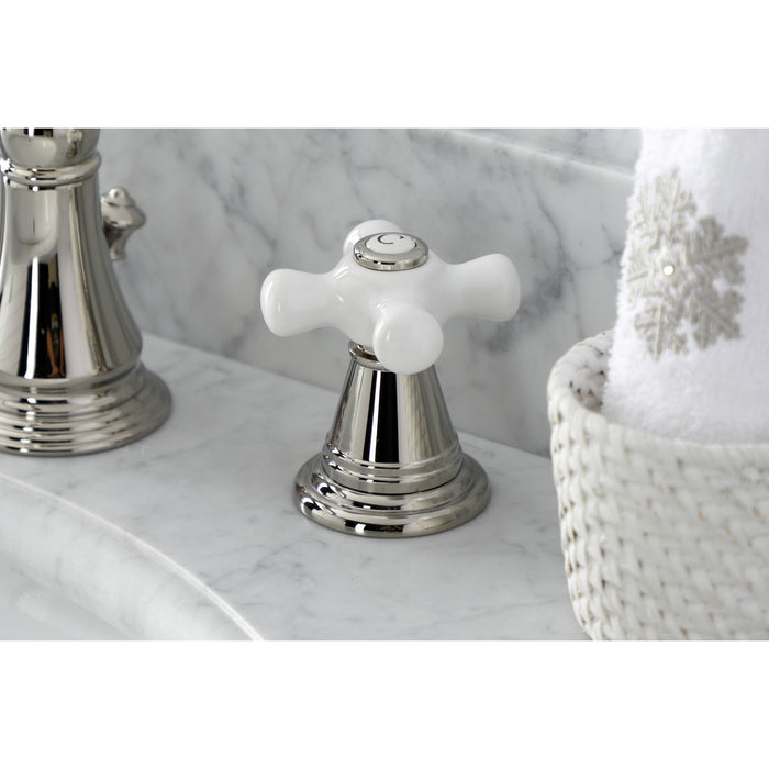 Kingston Heirloom FSC1979APX - American Classic Two-Handle 3-Hole Deck Mount Widespread Bathroom Faucet with Brass Pop-Up, Polished Nickel