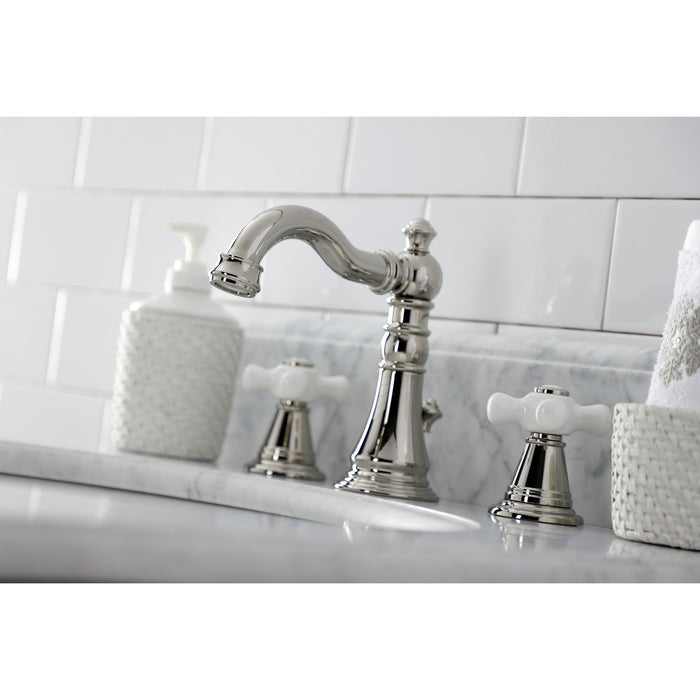 Kingston Heirloom FSC1979APX - American Classic Two-Handle 3-Hole Deck Mount Widespread Bathroom Faucet with Brass Pop-Up, Polished Nickel
