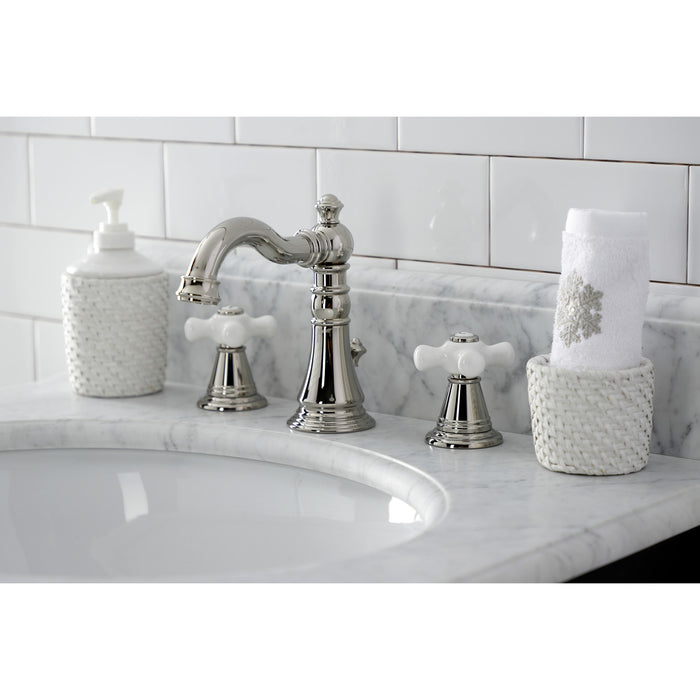 Kingston Heirloom FSC1979APX - American Classic Two-Handle 3-Hole Deck Mount Widespread Bathroom Faucet with Brass Pop-Up, Polished Nickel