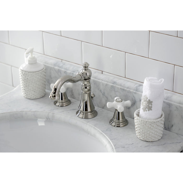 Kingston Heirloom FSC1979APX - American Classic Two-Handle 3-Hole Deck Mount Widespread Bathroom Faucet with Brass Pop-Up, Polished Nickel