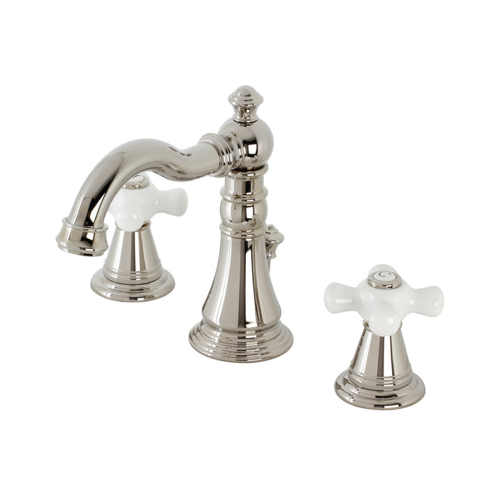 Kingston Heirloom FSC1979APX - American Classic Two-Handle 3-Hole Deck Mount Widespread Bathroom Faucet with Brass Pop-Up, Polished Nickel