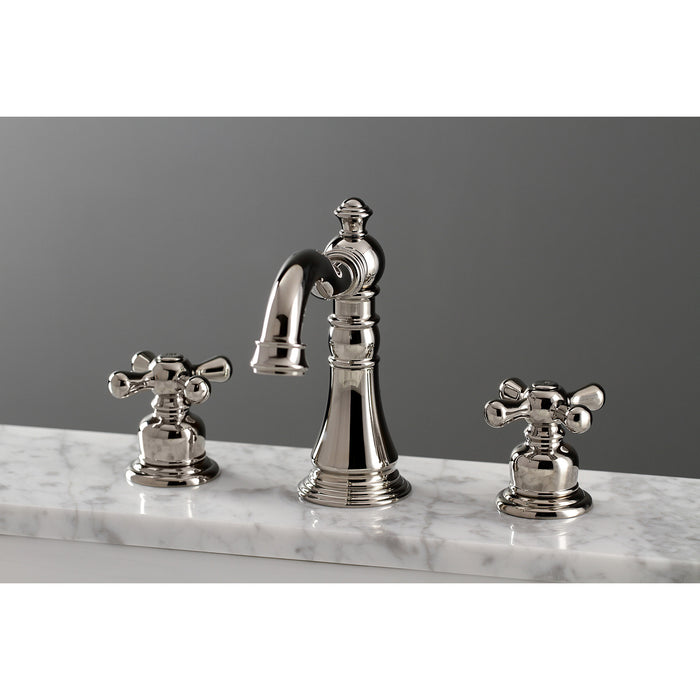 Kingston Heirloom FSC1979AX - American Classic Two-Handle 3-Hole Deck Mount Widespread Bathroom Faucet with Brass Pop-Up, Polished Nickel