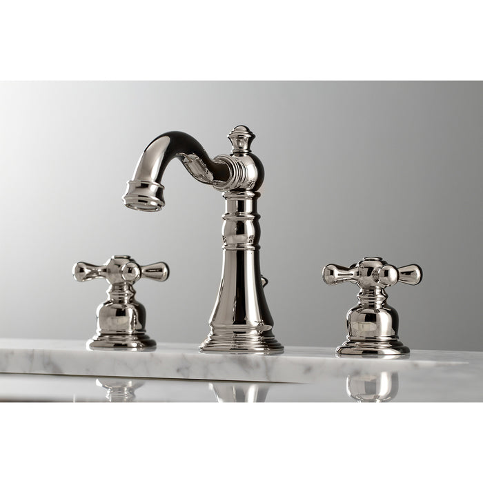 Kingston Heirloom FSC1979AX - American Classic Two-Handle 3-Hole Deck Mount Widespread Bathroom Faucet with Brass Pop-Up, Polished Nickel