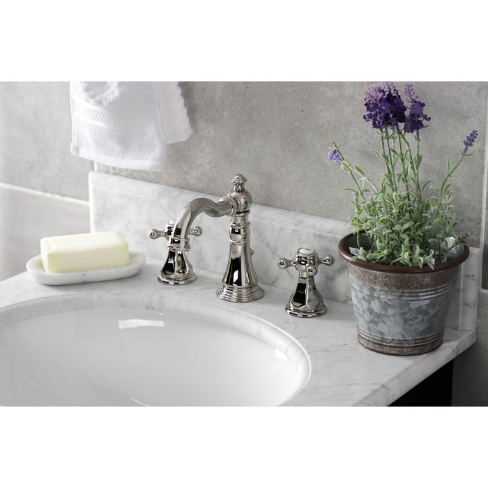 Kingston Heirloom FSC1979BX - Metropolitan Two-Handle 3-Hole Deck Mount Widespread Bathroom Faucet with Brass Pop-Up, Polished Nickel