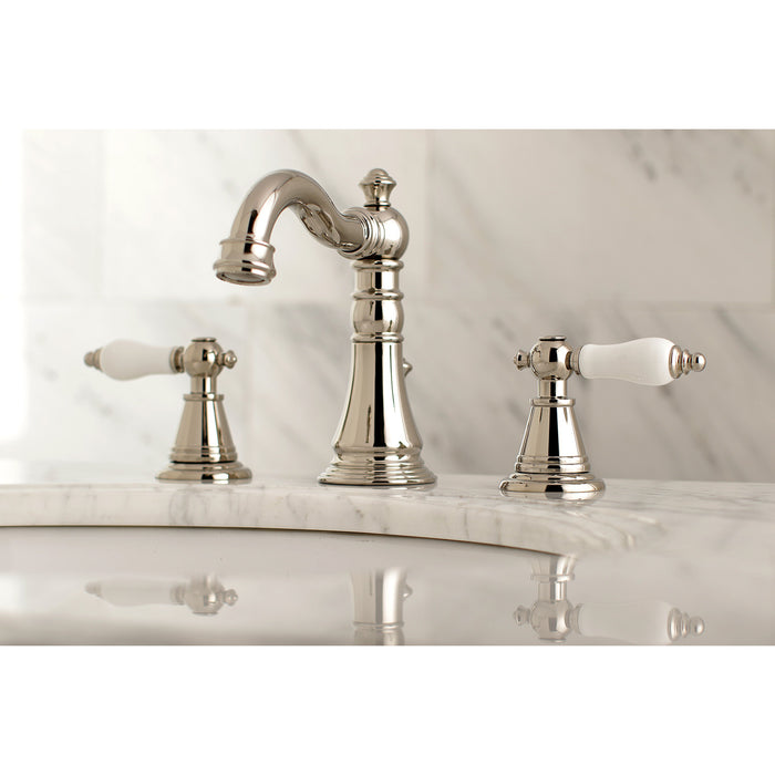 Kingston Heirloom FSC1979PL - English Classic Two-Handle 3-Hole Deck Mount Widespread Bathroom Faucet with Brass Pop-Up, Polished Nickel