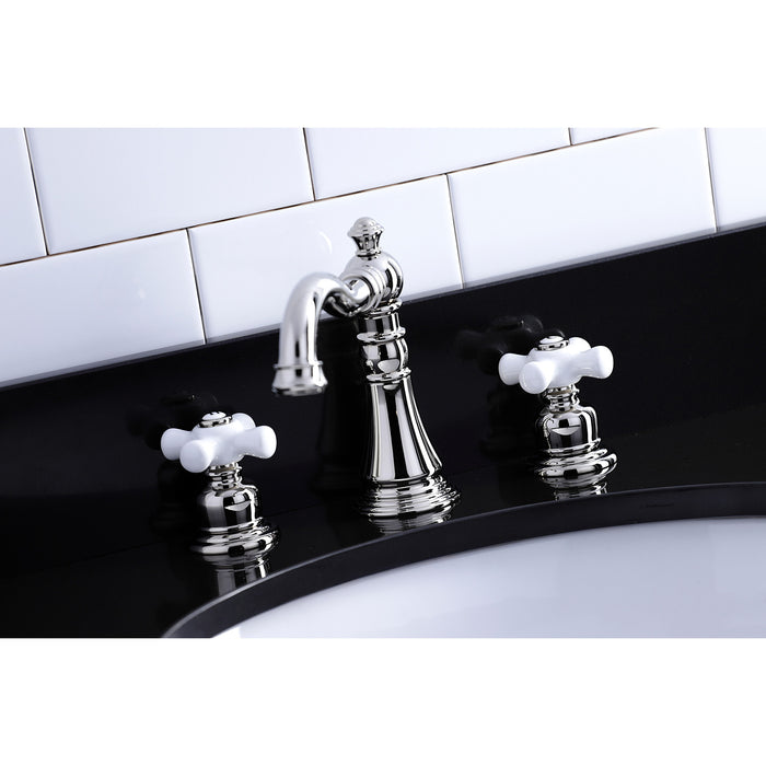 Kingston Heirloom FSC1979PX - American Classic Two-Handle 3-Hole Deck Mount Widespread Bathroom Faucet with Brass Pop-Up, Polished Nickel