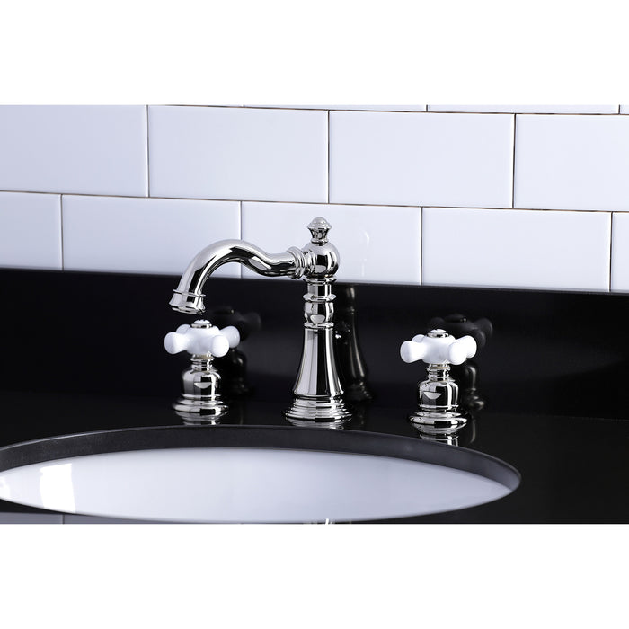 Kingston Heirloom FSC1979PX - American Classic Two-Handle 3-Hole Deck Mount Widespread Bathroom Faucet with Brass Pop-Up, Polished Nickel