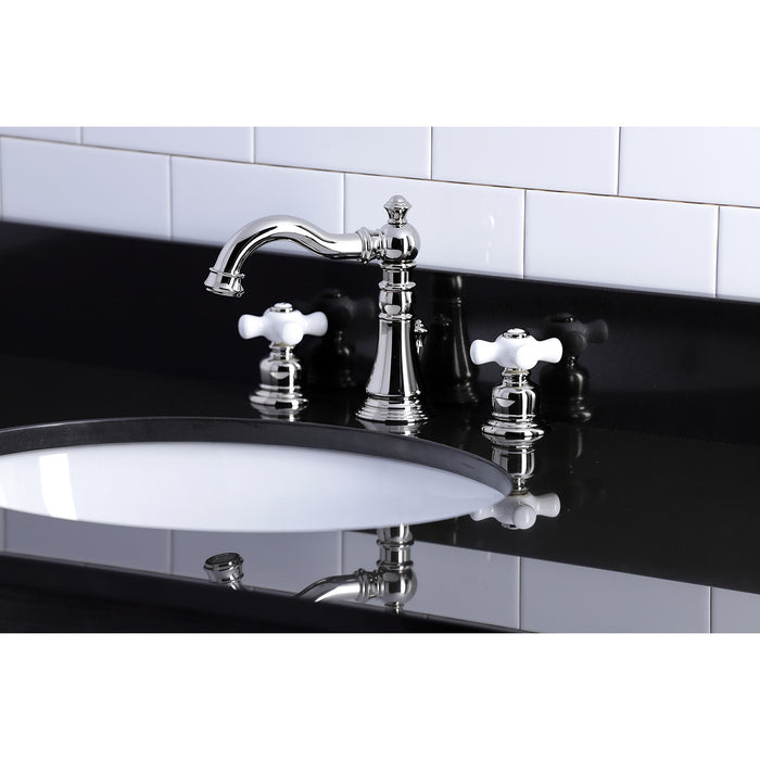 Kingston Heirloom FSC1979PX - American Classic Two-Handle 3-Hole Deck Mount Widespread Bathroom Faucet with Brass Pop-Up, Polished Nickel