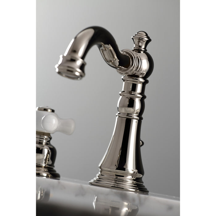 Kingston Heirloom FSC1979PX - American Classic Two-Handle 3-Hole Deck Mount Widespread Bathroom Faucet with Brass Pop-Up, Polished Nickel