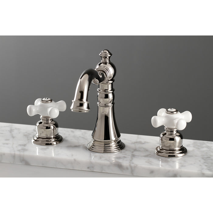 Kingston Heirloom FSC1979PX - American Classic Two-Handle 3-Hole Deck Mount Widespread Bathroom Faucet with Brass Pop-Up, Polished Nickel