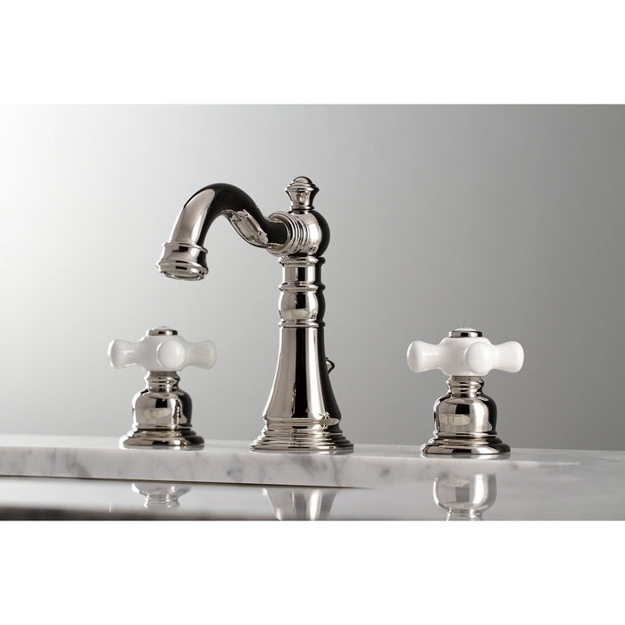 Kingston Heirloom FSC1979PX - American Classic Two-Handle 3-Hole Deck Mount Widespread Bathroom Faucet with Brass Pop-Up, Polished Nickel