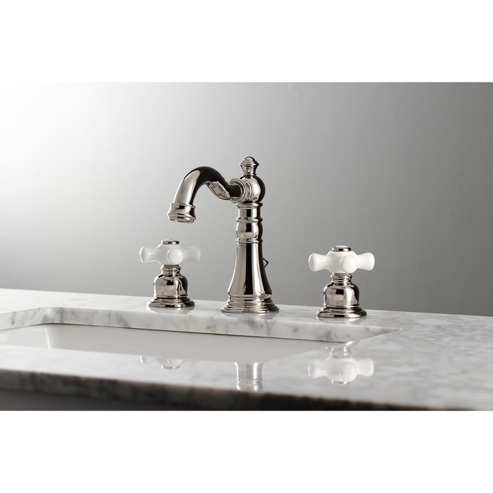 Kingston Heirloom FSC1979PX - American Classic Two-Handle 3-Hole Deck Mount Widespread Bathroom Faucet with Brass Pop-Up, Polished Nickel