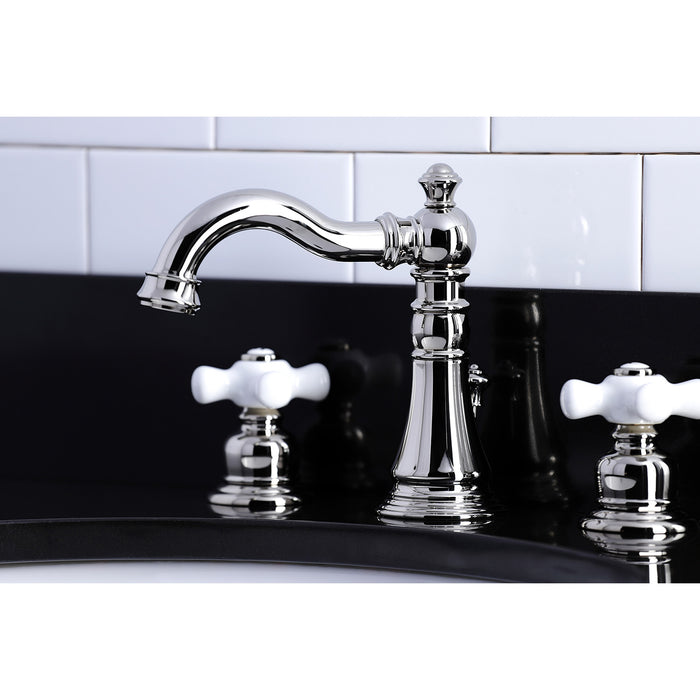 Kingston Heirloom FSC1979PX - American Classic Two-Handle 3-Hole Deck Mount Widespread Bathroom Faucet with Brass Pop-Up, Polished Nickel