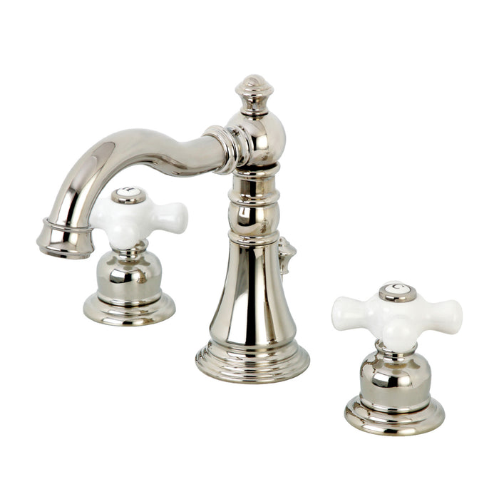 Kingston Heirloom FSC1979PX - American Classic Two-Handle 3-Hole Deck Mount Widespread Bathroom Faucet with Brass Pop-Up, Polished Nickel
