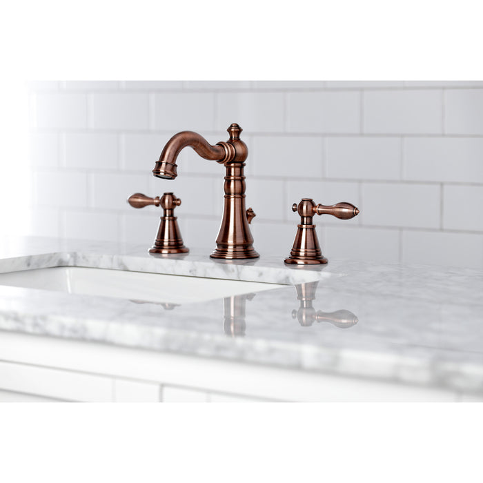 Kingston Heirloom FSC197ALAC - English Classic Two-Handle 3-Hole Deck Mount Widespread Bathroom Faucet with Brass Pop-Up, Antique Copper