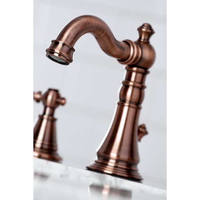 Kingston Heirloom FSC197ALAC - English Classic Two-Handle 3-Hole Deck Mount Widespread Bathroom Faucet with Brass Pop-Up, Antique Copper