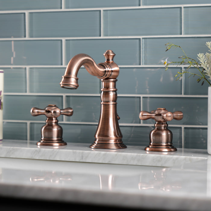 Kingston Heirloom FSC197AXAC - American Classic Two-Handle 3-Hole Deck Mount Widespread Bathroom Faucet with Brass Pop-Up, Antique Copper