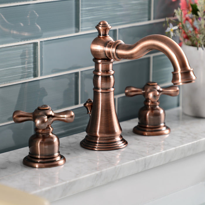 Kingston Heirloom FSC197AXAC - American Classic Two-Handle 3-Hole Deck Mount Widespread Bathroom Faucet with Brass Pop-Up, Antique Copper