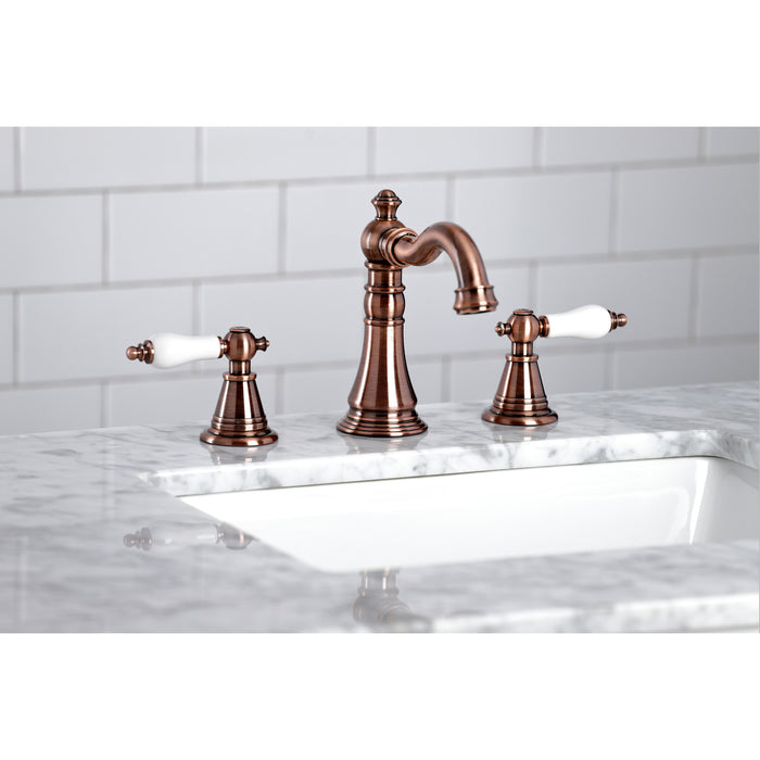 Kingston Heirloom FSC197PLAC - English Classic Two-Handle 3-Hole Deck Mount Widespread Bathroom Faucet with Brass Pop-Up, Antique Copper