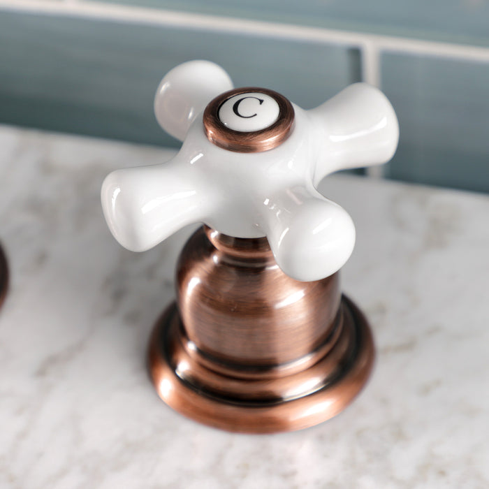 Kingston Heirloom FSC197PXAC - American Classic Two-Handle 3-Hole Deck Mount Widespread Bathroom Faucet with Brass Pop-Up, Antique Copper