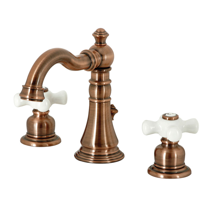 Kingston Heirloom FSC197PXAC - American Classic Two-Handle 3-Hole Deck Mount Widespread Bathroom Faucet with Brass Pop-Up, Antique Copper