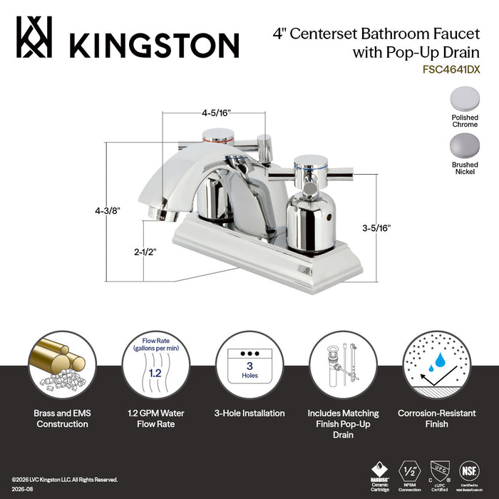 Kingston Tulare FSC4641DX - Concord Double-Handle 3-Hole Deck Mount 4-Inch Centerset Bathroom Faucet with Pop-Up Drain, Polished Chrome