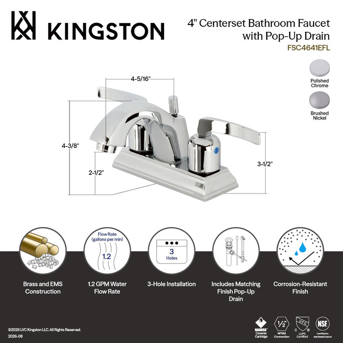 Kingston Tulare FSC4641EFL - Centurion Double-Handle 3-Hole Deck Mount 4-Inch Centerset Bathroom Faucet with Pop-Up Drain, Polished Chrome