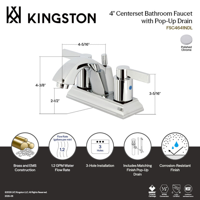 Kingston Tulare FSC4641NDL - NuvoFusion Double-Handle 3-Hole Deck Mount 4-Inch Centerset Bathroom Faucet with Pop-Up Drain, Polished Chrome