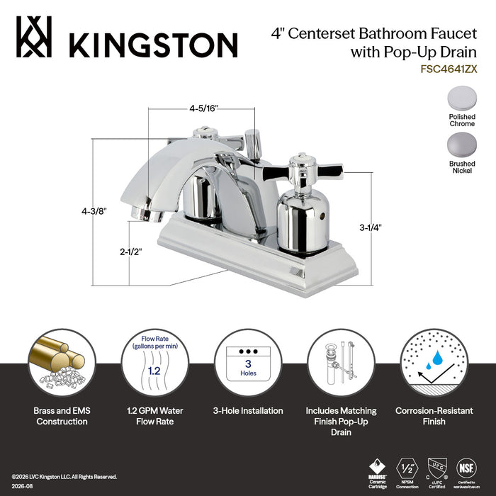 Kingston Tulare FSC4641ZX - Millennium Double-Handle 3-Hole Deck Mount 4-Inch Centerset Bathroom Faucet with Pop-Up Drain, Polished Chrome