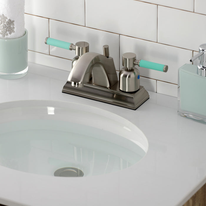 Kingston Tulare FSC4648DKL - Kaiser Double-Handle 3-Hole Deck Mount 4-Inch Centerset Bathroom Faucet with Pop-Up Drain, Brushed Nickel