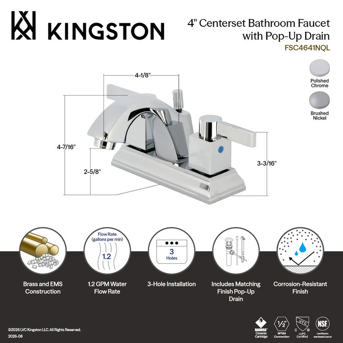 Kingston Meridian FSC4648NQL Double-Handle 3-Hole Deck Mount 4-Inch Centerset Bathroom Faucet with Pop-Up Drain, Brushed Nickel