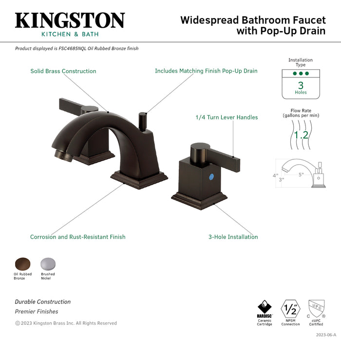 Kingston Meridian FSC4685NQL Two-Handle 3-Hole Deck Mount Widespread Bathroom Faucet with Pop-Up Drain, Oil Rubbed Bronze