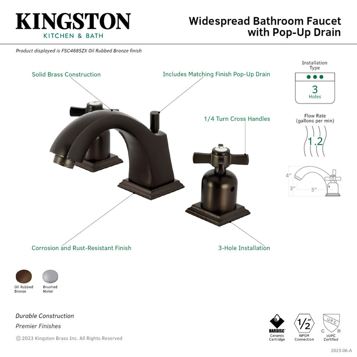 Kingston Tulare FSC4685ZX - Millennium Two-Handle 3-Hole Deck Mount Widespread Bathroom Faucet with Pop-Up Drain, Oil Rubbed Bronze