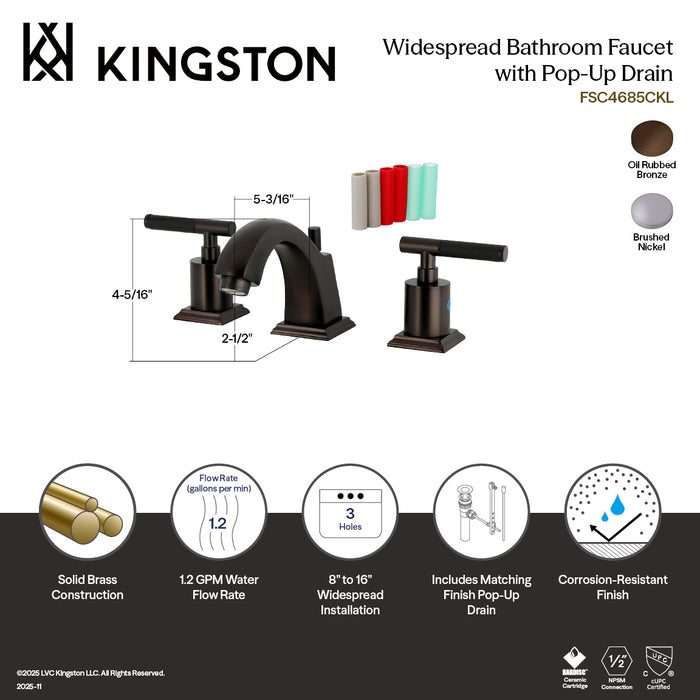 Kingston Tulare FSC4688CKL - Kaiser Two-Handle 3-Hole Deck Mount Widespread Bathroom Faucet with Pop-Up Drain, Brushed Nickel
