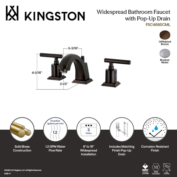 Kingston Tulare FSC4688CML - Manhattan Two-Handle 3-Hole Deck Mount Widespread Bathroom Faucet with Pop-Up Drain, Brushed Nickel