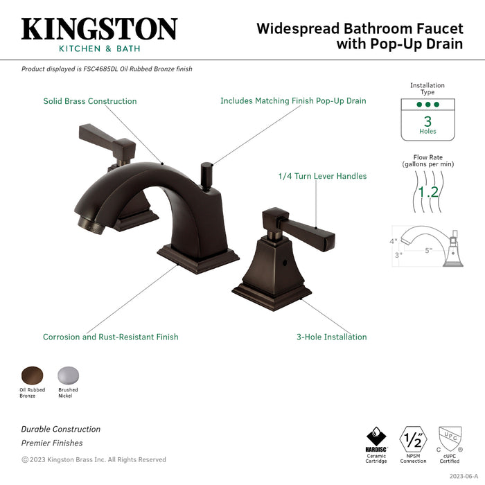 Kingston Tulare FSC4688DL - Concord Two-Handle 3-Hole Deck Mount Widespread Bathroom Faucet with Pop-Up Drain, Brushed Nickel